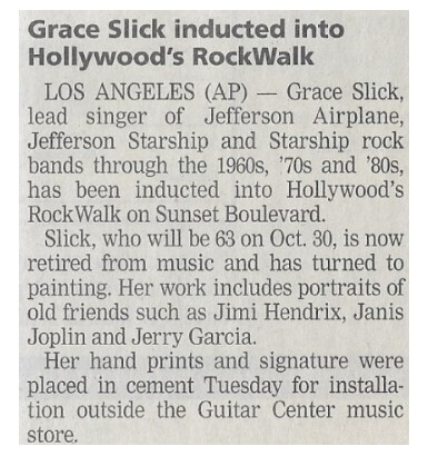 Slick, Grace / Grace Slick Inducted Into Hollywood&#39;s RockWalk | October 2002