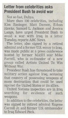 Bush, George W. / Letter from Celebrities Asks President Bush to Avoid War / 2002