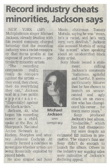 Jackson, Michael / Record Industry Cheats Minorities, Jackson Says | July 2002