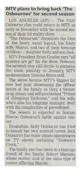 Osbourne, Ozzy / MTV Plans to Bring Back The Osbournes for Second Season | October 2002