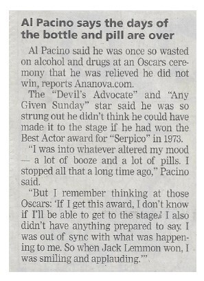 Pacino, Al / Al Pacino Says the Days of the Bottle and Pill Are Over | October 2002
