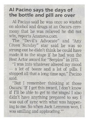 Pacino, Al / Al Pacino Says the Days of the Bottle and Pill Are Over | October 2002
