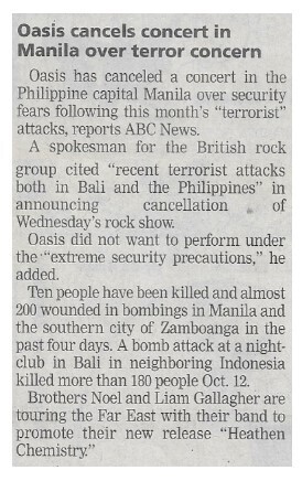 Oasis / Oasis Cancels Concert in Manila Over Terror Concern | October 2002