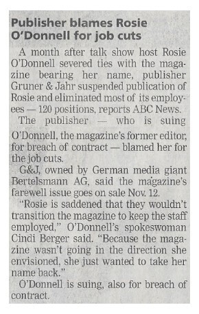 O&#39;Donnell, Rosie / Publisher Blames Rosie O&#39;Donnell for Job Cuts | October 2002