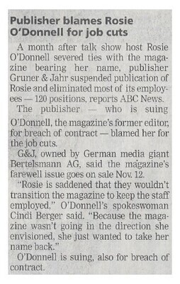 O&#39;Donnell, Rosie / Publisher Blames Rosie O&#39;Donnell for Job Cuts | October 2002