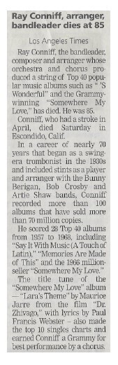Conniff, Ray / Ray Conniff, Arranger, Bandleader Dies at 85 / 2002