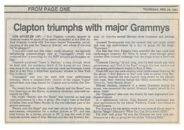 Clapton, Eric / Clapton Triumphs with Major Grammys | February 1993