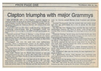 Clapton, Eric / Clapton Triumphs with Major Grammys | February 1993