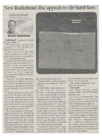 Radiohead / Amnesiac | New Radiohead Disc Appeals to Die-Hard Fans | June 2001