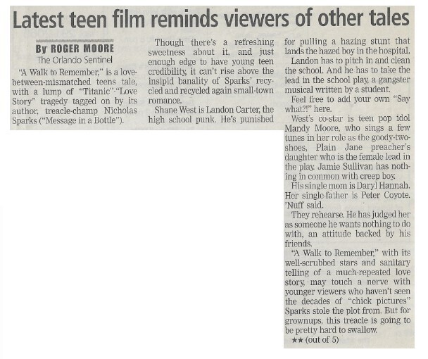 Moore, Mandy / A Walk to Remember | Latest Teen Film Reminds Viewers of Other Tales / 2002