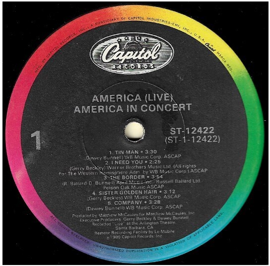 America / America In Concert | Capitol ST-12422 | July 1985