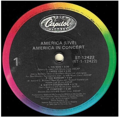 America / America In Concert | Capitol ST-12422 | July 1985