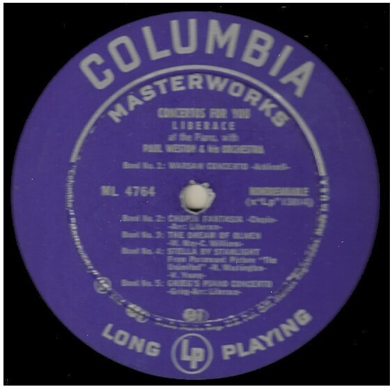 Liberace / Concertos For You | Columbia Masterworks ML-4764 | Mono | 1953