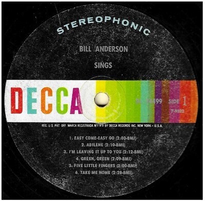 Anderson, Bill / Bill Anderson Sings | Decca DL-74499 | Stereo | March 1964