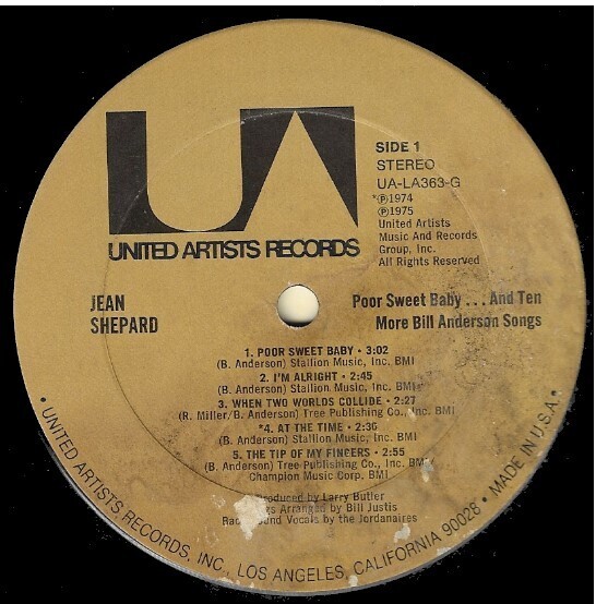 Shepard, Jean / Poor Sweet Baby...and Ten More Bill Anderson Songs | United Artists UA-LA363-G | Stereo | 1975