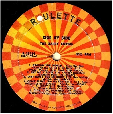 Barry Sisters, The / Side By Side | Roulette R-25136 | Mono | 1961