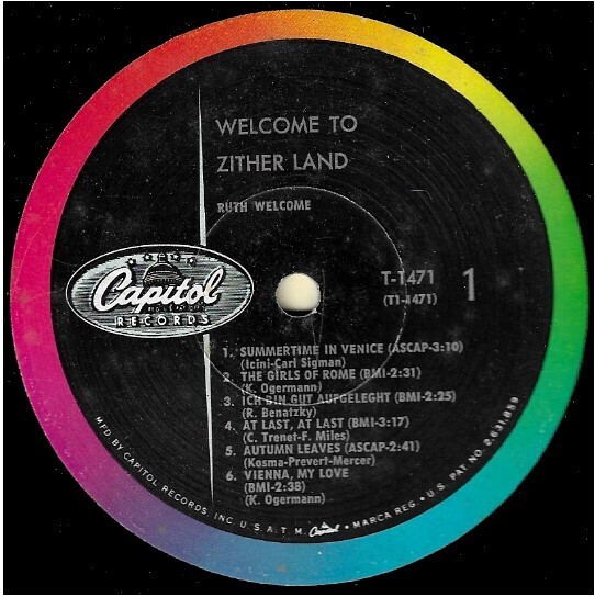 Wlecome Ruth Welcome, Ruth / Welcome to Zither Land | Capitol T-1471 | Mono | 1960