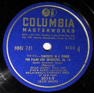 Levant, Oscar / Grieg: Concerto In A Minor For Piano and Orchestra,, Op. 16 (Second Movement - Beginning) | Columbia Masterworks 3014-V | 1948