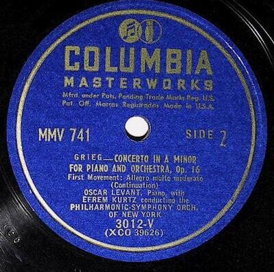 Levant, Oscar / Grieg: Concerto In A Minor For Piano and Orchestra,, Op. 16 (First Movement - Continuation) | Columbia Masterworks 3012-V | 1948
