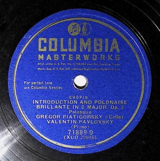 Piatigorsky, Gregor (+ Valentin Pavlovsky) / Introduction and Polonaise Brillante in C Major, Op. 3 (1940) / Columbia Masterworks 71889-D (Single, 12" Shellac)
