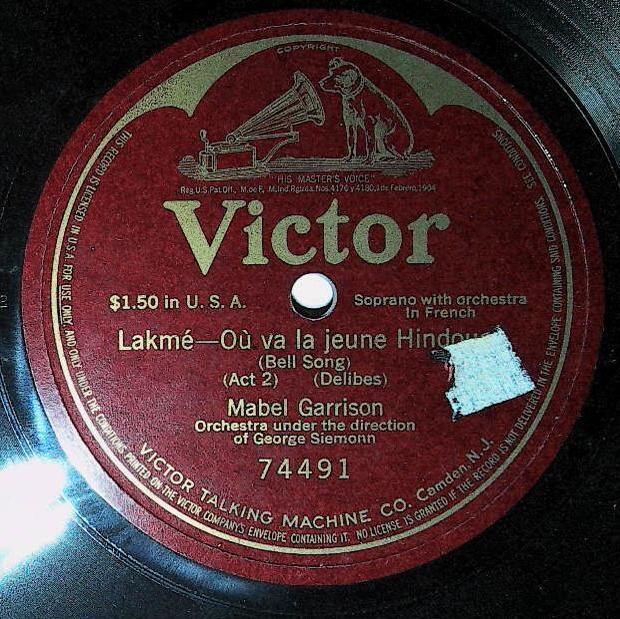 Garrison, Mabel / Lakme - Ou va la jeune Hindoue (Bell Song) (1916) / Victor 74491 (Single, 12" Shellac)