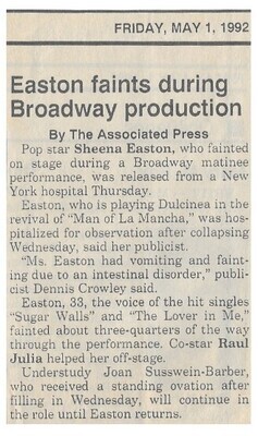 Easton, Sheena / Easton Faints During Broadway Production / 1992