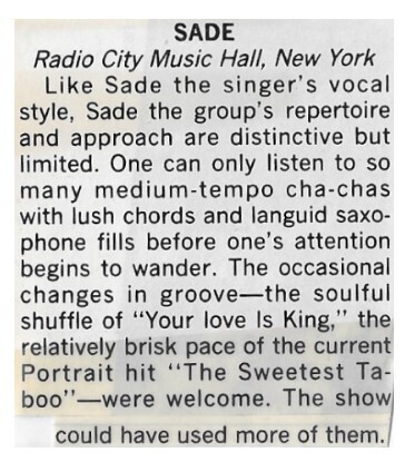 Sade / 1986: Radio City Music Hall, New York