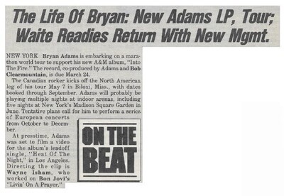 Adams, Bryan / 1987: The Life of Bryan - New Adams LP, Tour