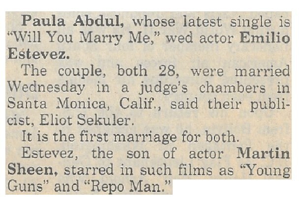 Abdul, Paula / 1992: Wed Actor Emilio Estevez