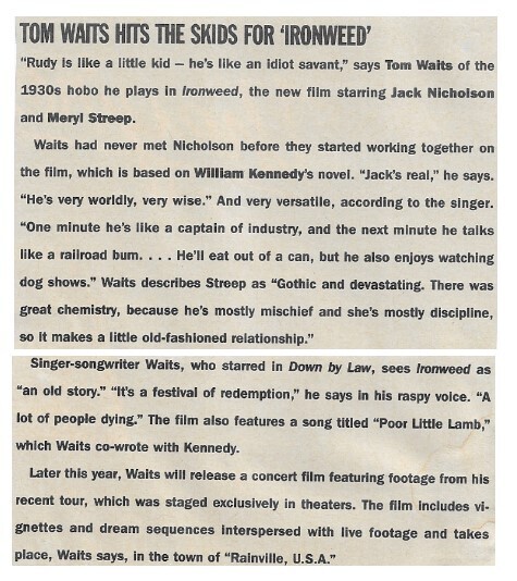 Waits, Tom / 1988: Tom Waits Hits the Skids for &quot;Ironweed&quot;