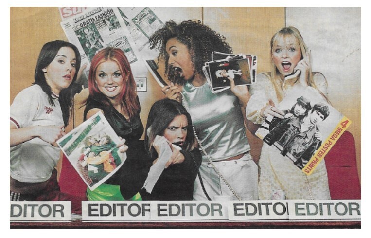 Spice Girls / Group Holding Various Photos, Phones / 1997