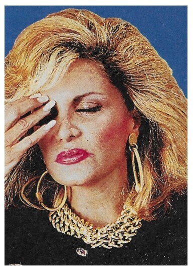 Francis, Connie / 1990: Closeup-Eyes Closed-Hand on Forehead-Gold Jewelry