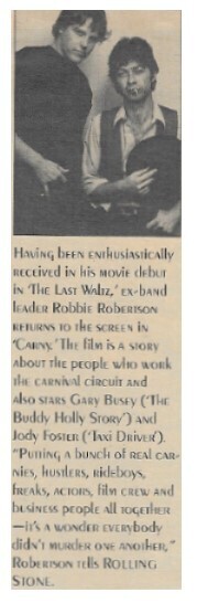 Robertson, Robbie / Returns to the Screen in 'Carny' / with Gary Busey / 1980