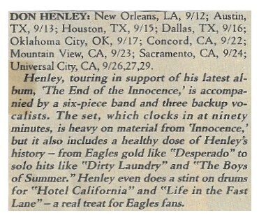 Henley, Don / 1989: Tour Dates and Story