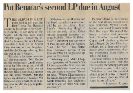 Benatar, Pat / 1980: Pat Benatar&#39;s Second LP Due in August
