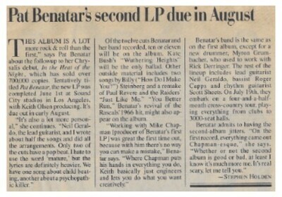 Benatar, Pat / 1980: Pat Benatar&#39;s Second LP Due in August