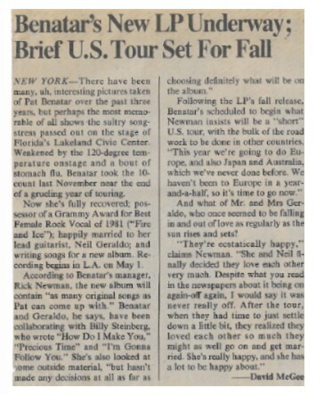 Benatar, Pat / 1982: Benatar&#39;s New LP Underway; Brief U.S. Tour Set for Fall