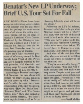 Benatar, Pat / 1982: Benatar&#39;s New LP Underway; Brief U.S. Tour Set for Fall