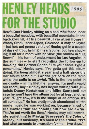 Henley, Don / Henley Heads for the Studio / 1986