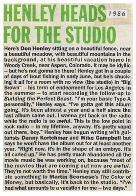 Henley, Don / Henley Heads for the Studio / 1986