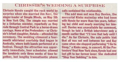 Hynde, Chrissie / 1984: Chrissie's Wedding a Surprise