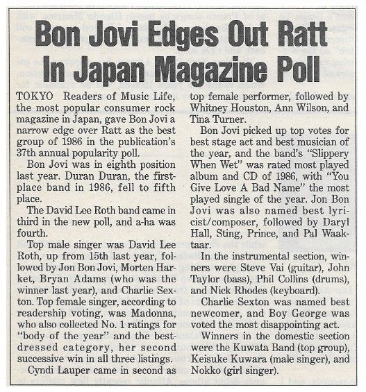 Bon Jovi / Bon Jovi Edges Out Ratt in Japan Magazine Poll / 1987