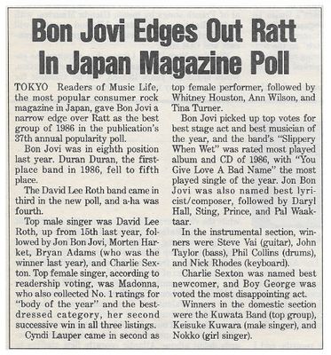 Bon Jovi / Bon Jovi Edges Out Ratt in Japan Magazine Poll / 1987