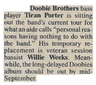 Doobie Brothers, The / Tiran Porter is Sitting Out the Band&#39;s Current Tour (1980)
