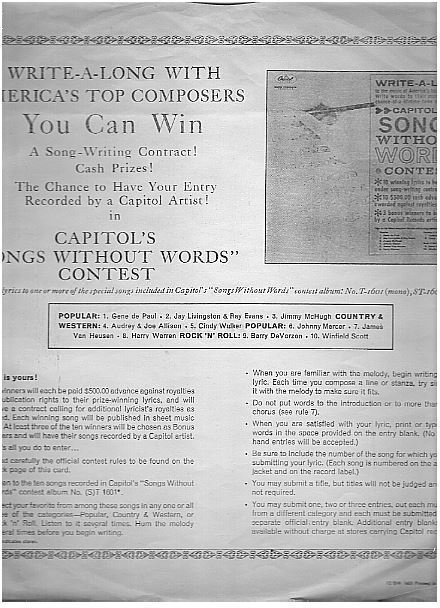 Capitol / Capitol's Songs Without Words Contest details (1962) / White with Black Print (Record Company Inner Sleeve, 12")