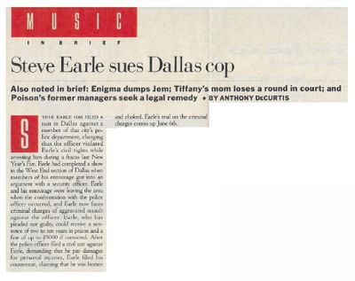 Earle, Steve / Steve Earle Sues Dallas Cop (1988)