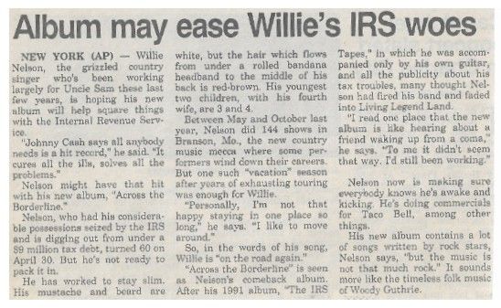 Nelson, Willie / Album May Ease Willie&#39;s IRS Woes (1993)