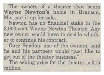 Newton, Wayne / Theater in Branson Up for Sale