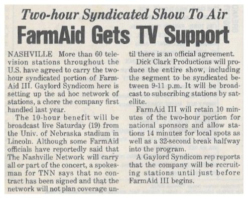 Nelson, Willie / FarmAid Gets TV Support (1987)