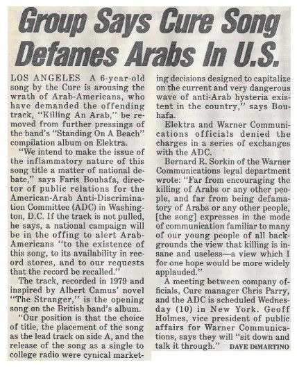 Cure, The / Group Says Cure Song Defames Arabs in U.S. (1986)